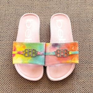 New! Size 2 Bebe Girls Sandals Slides Rainbow Tie Dye w/ Bling